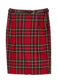 Roter Karorock mit schwarzen, gelben und grünen Mustern. Verfügt über einen schwarzen Gürtel und ein leicht ausgestelltes Design, aus gewebtem Stoff gefertigt.