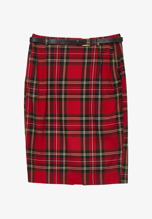 Gonna a quadri rossi con pattern neri, gialli e verdi. Presenta una cintura nera e un design leggermente svasato, realizzata in tessuto intrecciato.
