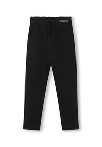 Zwarte broek met een elastische taille, twee achterzakken en een label op de tailleband. Gemaakt van een gladde stof met een gestroomlijnde snit.