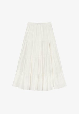 Valge tiered maxi seelik, millel on elastne vöökoht, kerge kangas ja veidi tekstureeritud viimistlus koos külje lõhiku detailiga.