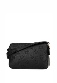 Zwarte crossbodytas van getextureerd leer met een verstelbare riem, voorzien van geperste bloemenpatronen en een ritssluiting.