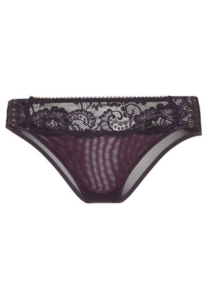Paarse kanten ondergoed met een doorzichtige mesh body, gedetailleerde bloemenkant tailleband en gouden hardware accenten aan de zijkanten.