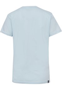 Helles blaues Baumwoll-T-Shirt mit Rundhalsausschnitt und kurzen Ärmeln, ausgestattet mit einem kleinen Logostick auf der linken Seitennaht.