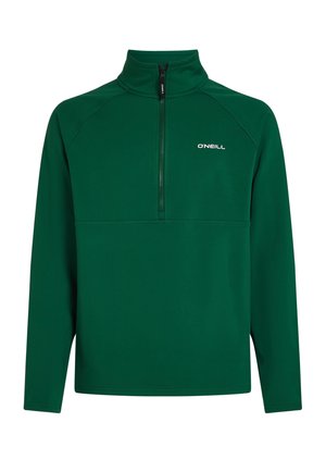 Grön fleecepullover med halvdragkedja, med förstärkt sömdesign och en logotyp på vänstra bröstet. Mjuk textur. Långa ärmar.