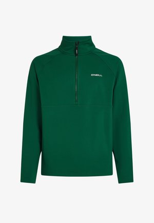 Grön fleecepullover med halvdragkedja, med förstärkt sömdesign och en logotyp på vänstra bröstet. Mjuk textur. Långa ärmar.