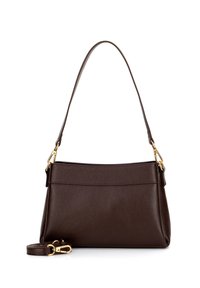 Brązowa skórzana torba na ramię z teksturowaną powierzchnią, pojedynczym paskiem na ramię, złotymi akcentami metalowymi oraz odpinanym paskiem na ramię.