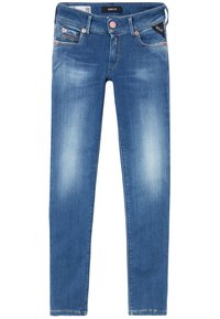 Jeans skinny de denim azul oscuro con un acabado desgastado, bolsillos delanteros y cierre de botón. Cuenta con una etiqueta de logo en la cintura.