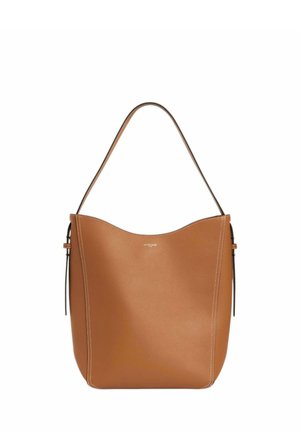 Borsa a tracolla in pelle marrone con manico singolo, bordo superiore curvo e cuciture bianche visibili ai lati.