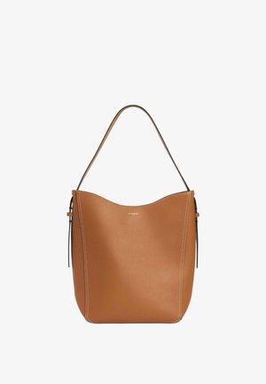 Braune Lederschultertasche mit einem Griff, gebogenem oberen Rand und sichtbaren weißen Nähten an den Seiten.