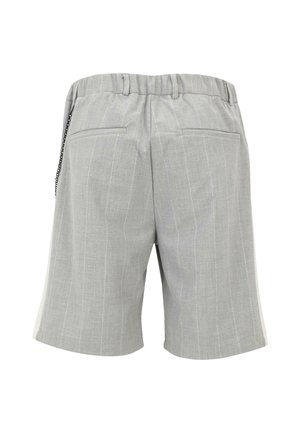 Szürke csíkozott rövidnadrág elasztikus derékkal, két hátsó zsebbel és oldalsó díszítéssel, ami kontrasztos anyaggal készült.