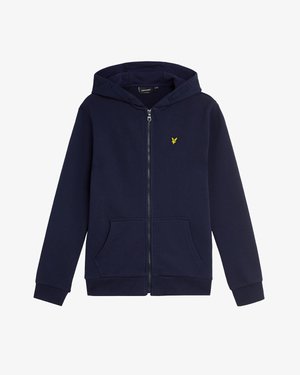 Hanorac bleumarin cu fermoar, buzunare frontale, glugă cu barete ajustabile și un mic logo galben cu pasăre pe pieptul stâng.