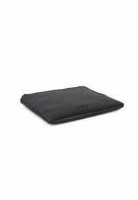 Black leather laptop sleeve with a smooth texture, rectangular shape, and a zip closure. Features a subtle embossed logo on the front.