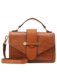 Ruskea keinonahkainen krokotiili-efekti laukku, jossa on litteä muotoilu, jämäkkä rakenne, irrotettava olkahihna ja kultaiset yksityiskohdat.