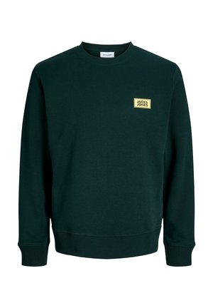 Mørkegrøn sweat med rund hals og lange ærmer med ribkant ved ærmer og talje, med et lille gult firkantet mærke med Jack & Jones logo på brystet.