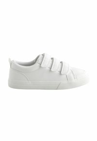 Weißer Sneaker mit einer glatten, lederähnlichen Oberfläche, drei verstellbaren Klettverschlüssen, runder Zehenform und einer strukturierten Gummisohle.