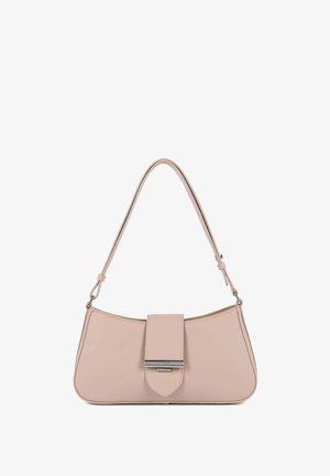 Pink leather handbag with a curved shape, featuring a flap closure, silver hardware, and a single shoulder strap. Smooth texture.
