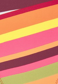Mehrfarbiger Stoff mit horizontalen Streifen in den Farben Lila, Pink, Orange, Gelb und Grün. Glatte Textur mit gleichmäßigen Nähten.