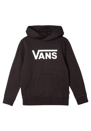 Sort hættetrøje med front-kængurulomme og hvid Vans-logo på brystet.
