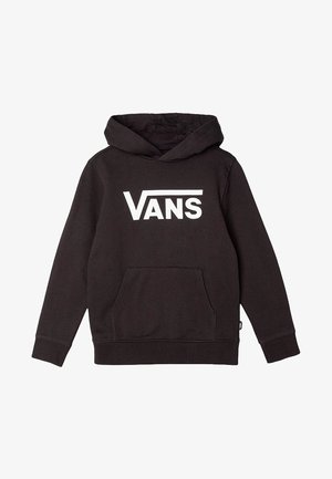 Czarna bluza z kapturem z przednią kieszenią kangurka i białym logo Vans na klatce piersiowej.