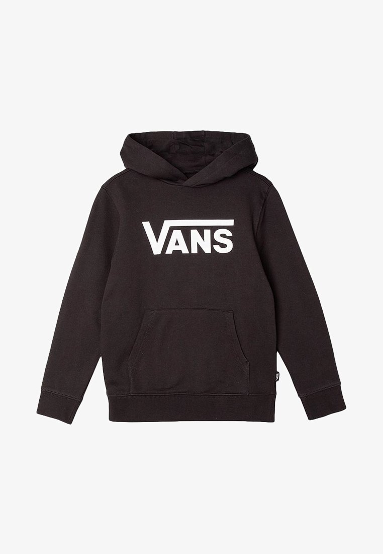 Sweat à capuche noir avec poche kangourou devant et logo Vans blanc sur la poitrine.