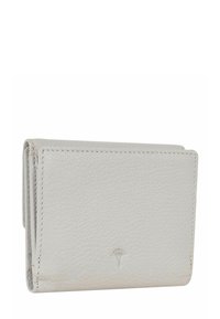 Portefeuille compact en cuir gris clair avec coutures visibles et petit logo de palmier embossé sur le devant.