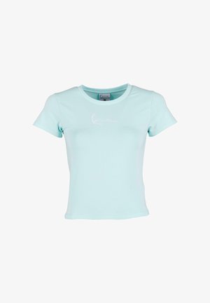 T-shirt azzurro chiaro a maniche corte realizzato in tessuto morbido, con scollo rotondo e logo ricamato bianco sul davanti.