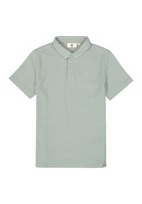 Polo shirt vert clair en tissu lisse, avec un col, trois boutons et un logo discret sur la poitrine.