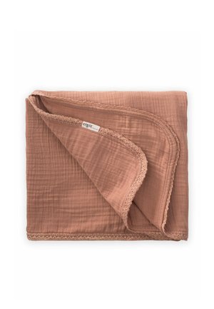 Soft brown textured cotton blanket with lace trim, partially folded, showing "cigit" brand tag on corner.