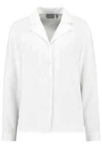 White long-sleeve blouse with a collared neckline, front button closure, and a smooth texture, featuring a relaxed fit and no patterns.