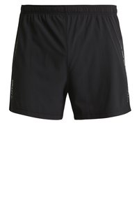 Svarta idrottsshorts med elastisk midja, sidofickor och subtila reflexdetaljer nära sidorna.