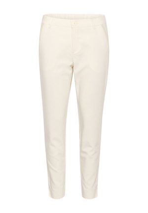 Beige katoenen broek met een slim fit, voorzien van een knoopsluiting, riemlussen en zijzakken. Gladde textuur met minimale ontwerpdetaillering.