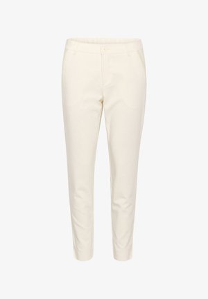 Pantalons en coton beige à coupe ajustée, munis d'une fermeture à bouton, de passants de ceinture et de poches latérales. Texture lisse avec des détails de design minimaux.