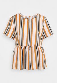 Top peplum hecho de una tela ligera con rayas verticales en naranja, negro y blanco, cuello redondo y mangas cortas.