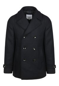 Dubbelzijdige marineblauwe pea coat van zwaar wol. Voorzien van grote zwarte knopen, een brede kraag en twee zijzakken. Zachte textuurafwerking.