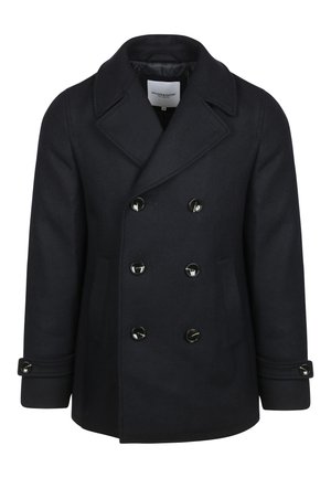 Dubbelzijdige marineblauwe pea coat van zwaar wol. Voorzien van grote zwarte knopen, een brede kraag en twee zijzakken. Zachte textuurafwerking.