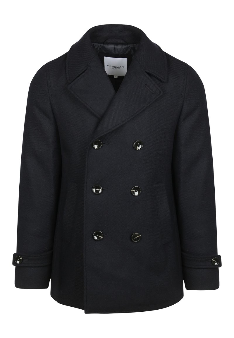 Dubbelzijdige marineblauwe pea coat van zwaar wol. Voorzien van grote zwarte knopen, een brede kraag en twee zijzakken. Zachte textuurafwerking.