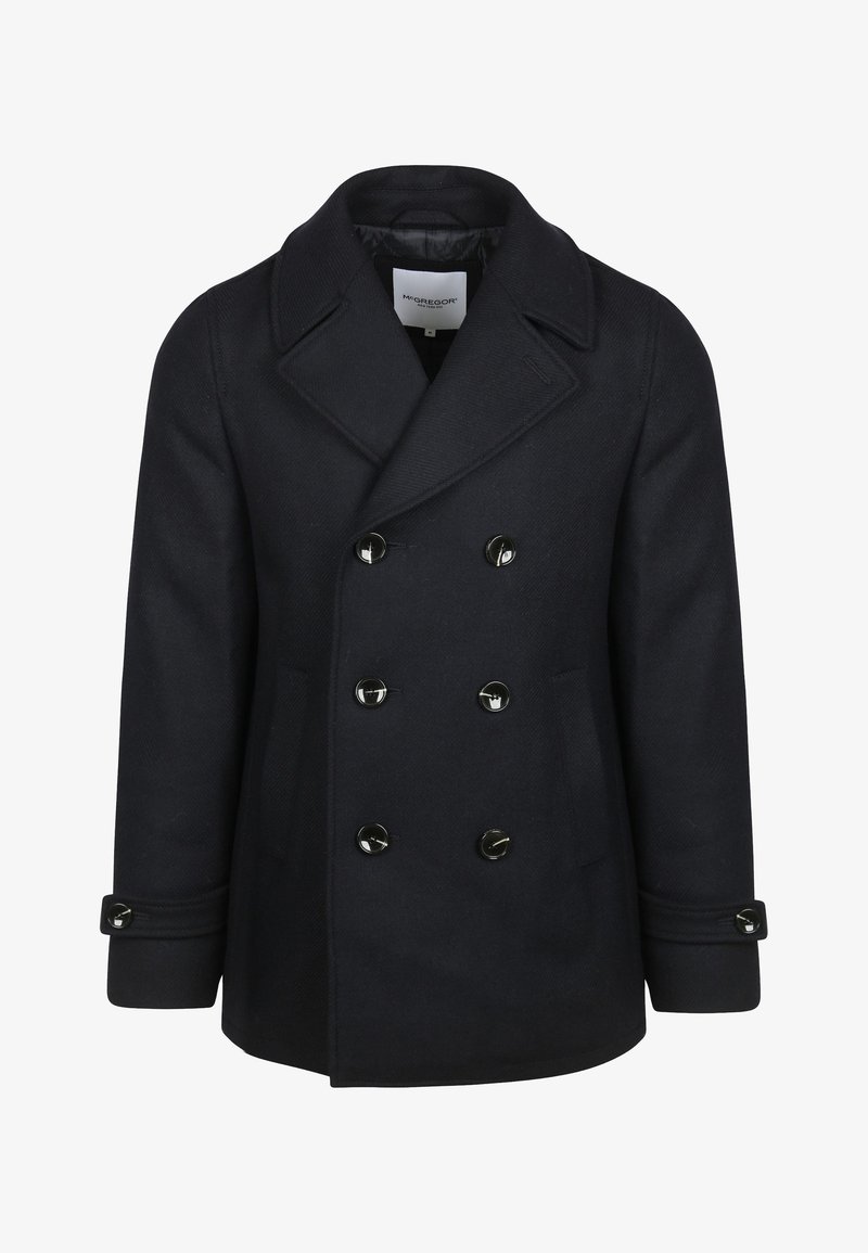 Dubbelzijdige marineblauwe pea coat van zwaar wol. Voorzien van grote zwarte knopen, een brede kraag en twee zijzakken. Zachte textuurafwerking.