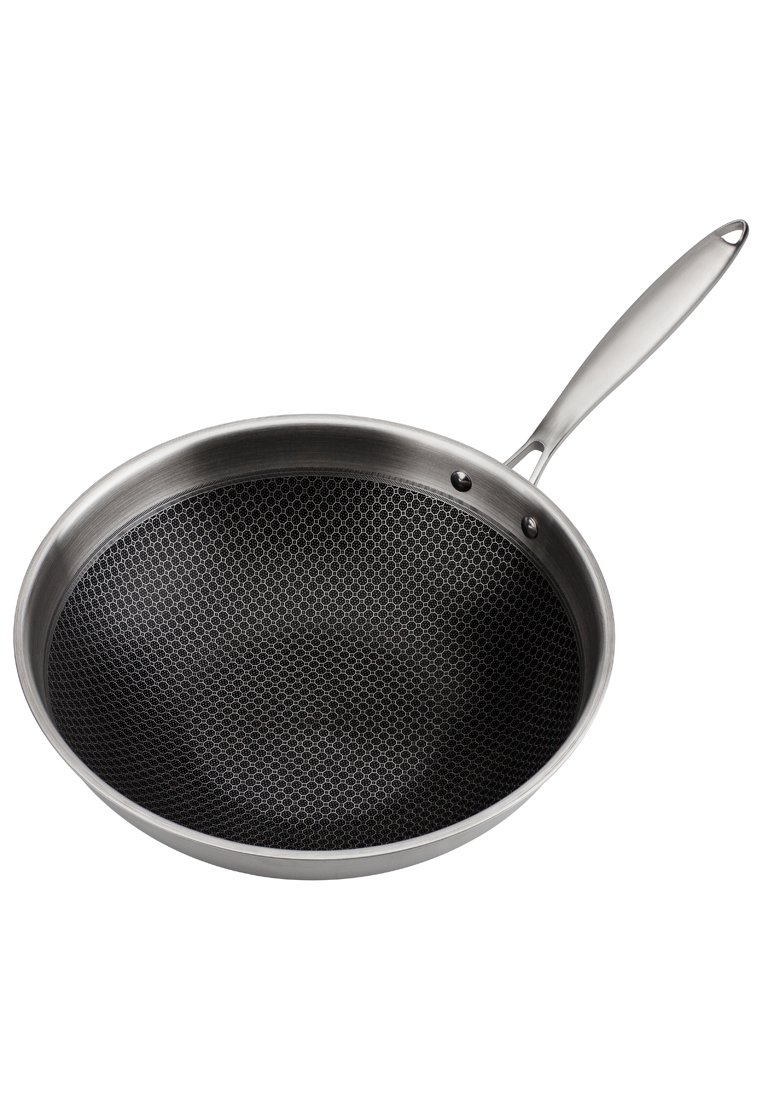 Edelstahl-Bratpfanne mit honigwabenförmiger, antihaftbeschichteter, schwarzer Kochfläche und langem Metallgriff mit Aufhängeöse.