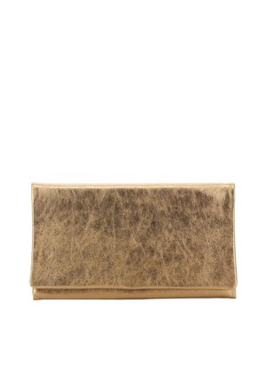 Rectangular gold metallic clutch purse with a fold-over flap and textured surface on a white background.