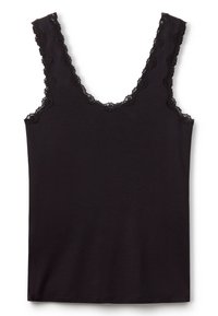 Černý top na ramínka s krajkovým lemem ve tvaru scallop na výstřihu a rukávech. Vyrobeno z měkké, elastické látky s přiléhavým střihem.