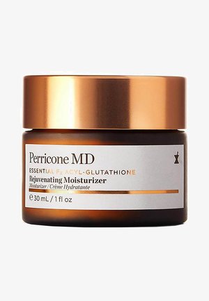 Dunkelbraunes Glasgefäß mit einem glänzenden goldenen Deckel. Das Etikett zeigt weißen und goldenen Text. Enthält 30 mL regenerierende Feuchtigkeitscreme.