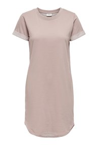 Vaaleanpunainen t-paitamekko pehmeää puuvillaa, jossa on lyhyet hihat. Ominaisuuksiin kuuluu pyöreä pääntie ja kaareva helma, jota on yksityiskohtaisesti viimeistelty kontrastivärisin hihoin.