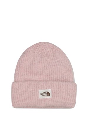 Cappello lavorato a maglia rosa chiaro a coste con risvolto e una piccola toppa rettangolare con il logo "The North Face" marrone.
