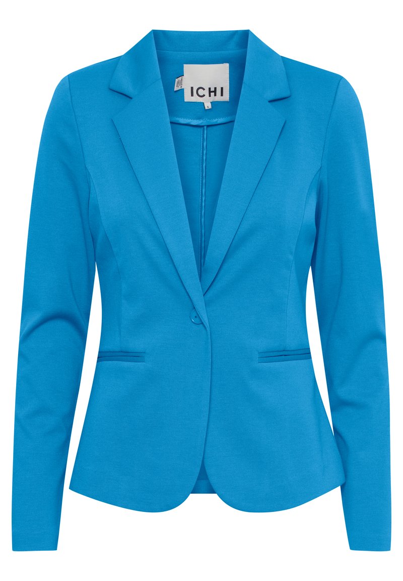 Blå skræddersyet blazer med spidse klapper, enkelt knappelukning, to forlommer og en glat stoftekstur. Brandmærke synligt indeni.