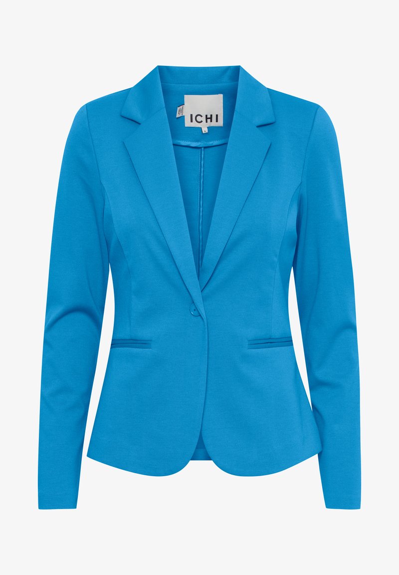 Blå skræddersyet blazer med spidse klapper, enkelt knappelukning, to forlommer og en glat stoftekstur. Brandmærke synligt indeni.