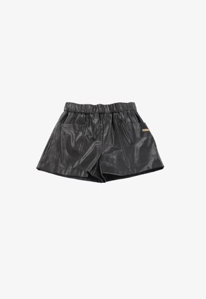 Shorts neri in ecopelle con cintura elastica, tasche frontali e piccolo tag dorato del marchio sulla tasca destra.