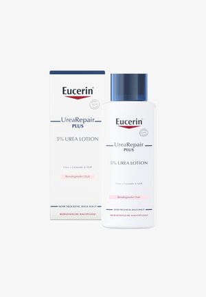 Eucerin UreaRepair Plus 5% Urea Lotion in a white bottle with a blue lid, featuring blue and pink text on packaging, designed for dry skin.