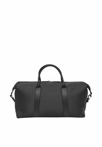 Czarna torba podróżna z teksturowanej tkaniny z elementami ze skóry, dwoma uchwytami, odpinanym paskiem na ramię i wytłoczonym logo "CERRUTI 1881".