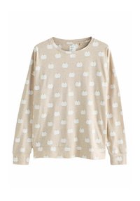 Beige sweatshirt met lange mouwen en een herhalend patroon van witte pompoenen. Zacht katoenen stof, ronde halslijn en eenvoudige manchetten.