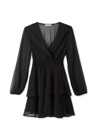 Abito nero a strati in tessuto trasparente con texture a pois, maniche lunghe a sbuffo e vita arricciata, caratterizzato da una scollatura a V profonda.